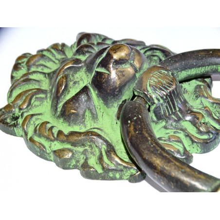Large bronze handle with lion's head patinated black and green - 15 cm