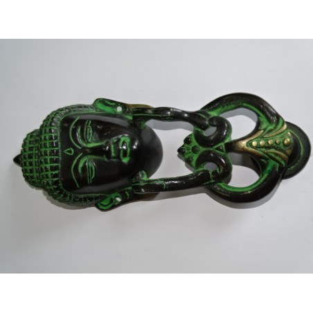 Bronze knocker with Buddha head patinated in black and green - 20 cm