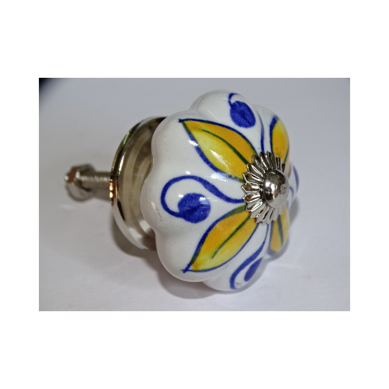 Pumpkin handle in white porcelain and 4 yellow petals - silver