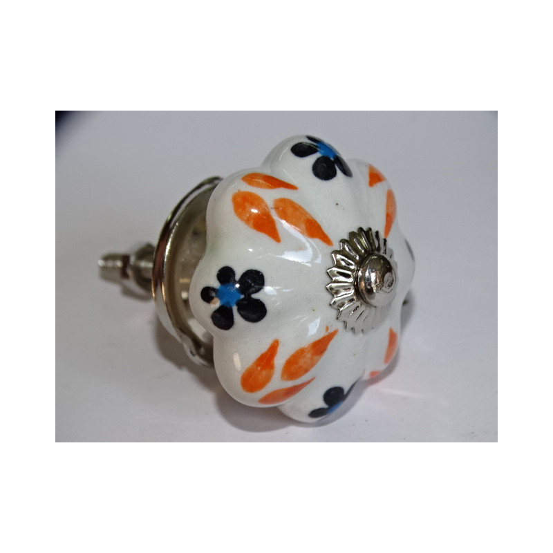 Pumpkin handle in white porcelain and 4 orange flames - silver